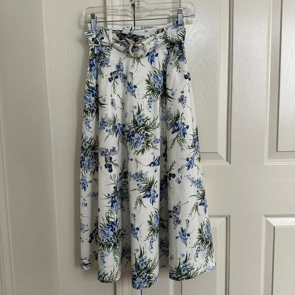 Veronica Beard Hibiscus Floral Belted Midi Skirt - 100% Cotton A-Line Blue White